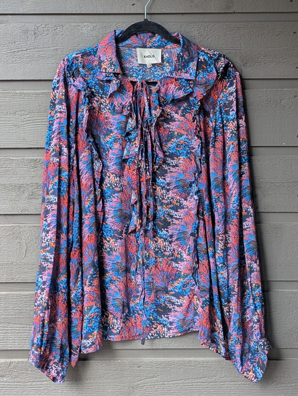 NWOT Australian Kholo Coral Reef Long Sleeve Ruffle Blouse Size 24 100% Modal